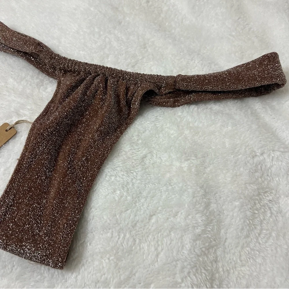 Skims Glitter Swim Ruched Tanga Bikini Bottom Jasper Brown Size L